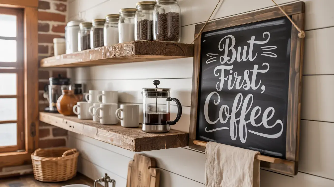Rustic wall-mounted coffee station with wooden shelves, jars, mugs, a French press, and a “But First, Coffee” chalkboard sign