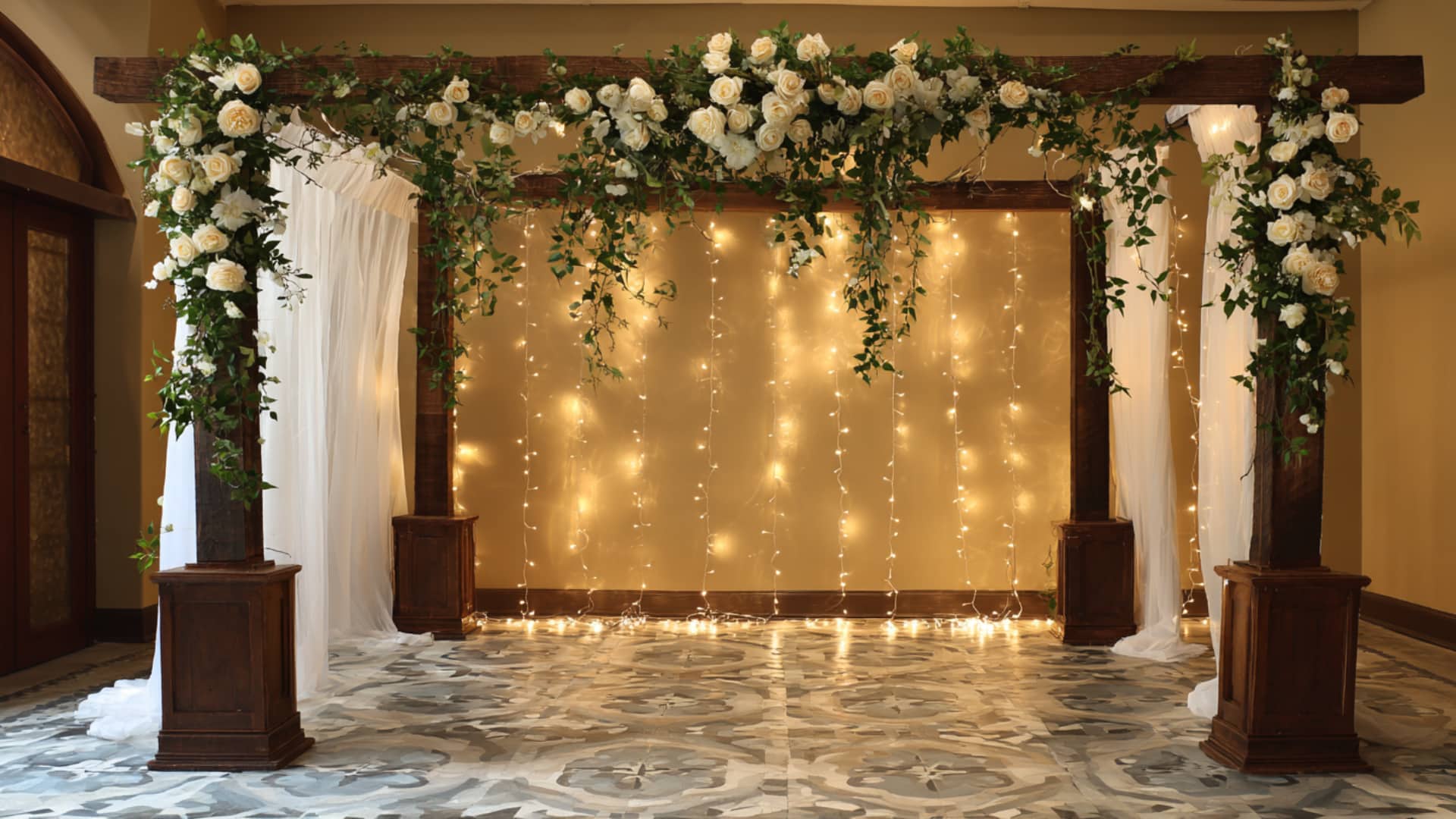 Rustic wedding arch with white drapes, roses, and warm string lights indoors lit