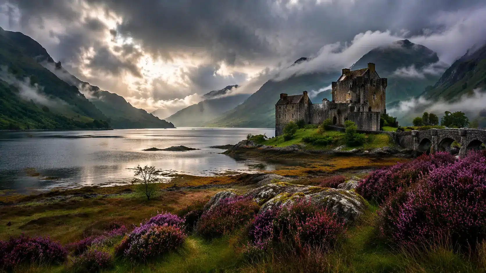Scottish Highlands landscape with an ancient castle, misty loch, purple heather, and moody skies.