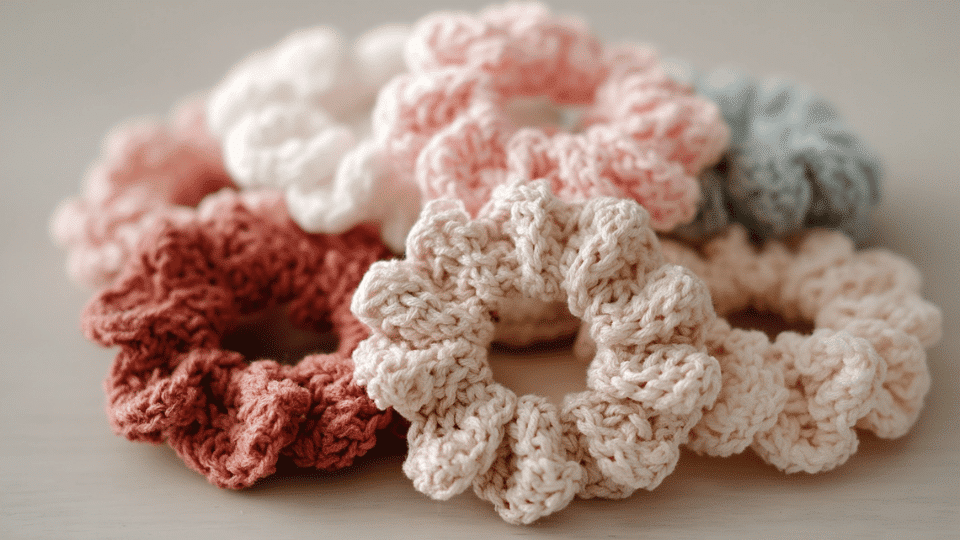 ScrunchiesCrochet scrunchies in various colors displayed on a neutral surface