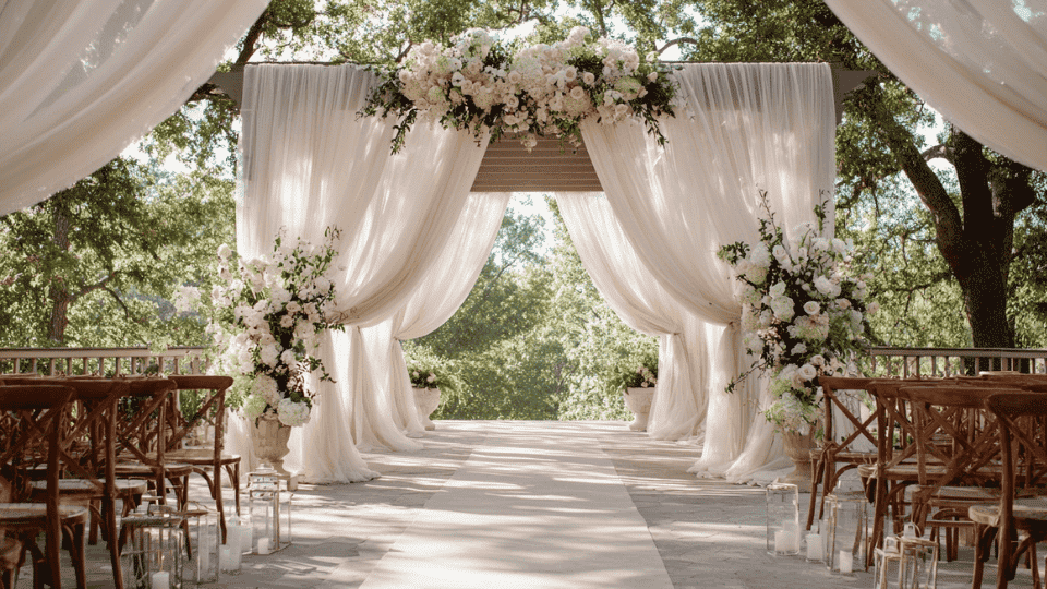 Sheer fabric installations draped across trees, ceremony arch, and wedding tent, creating a romantic atmosphere