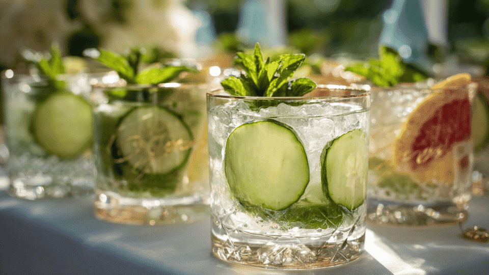 Signature mocktails with fresh garnishes, served in elegant glassware for a summer wedding (1)