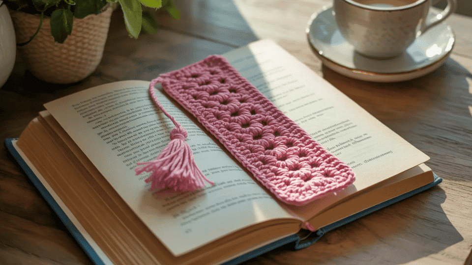 Crochet bookmark with tassel placed inside an open book on a desk