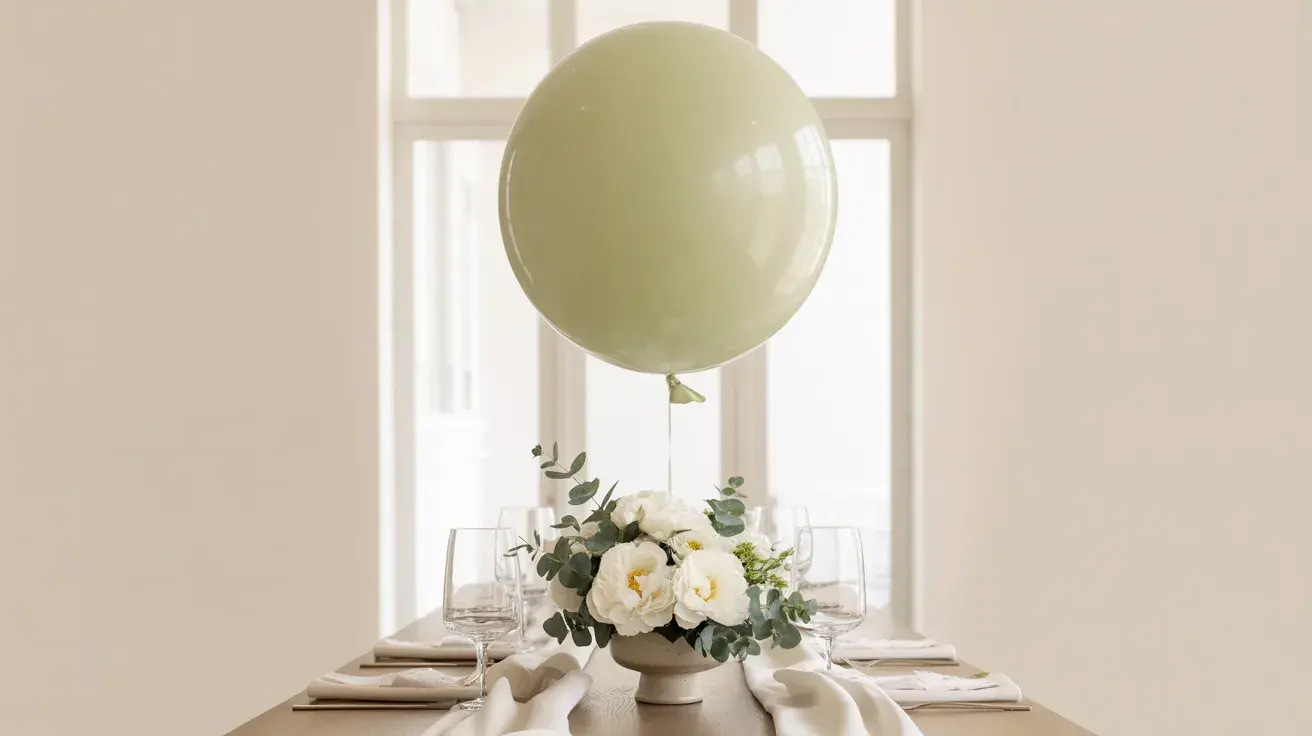 Simple DIY birthday table centerpiece with a large balloon and floral arrangement in a clean, neutral setting