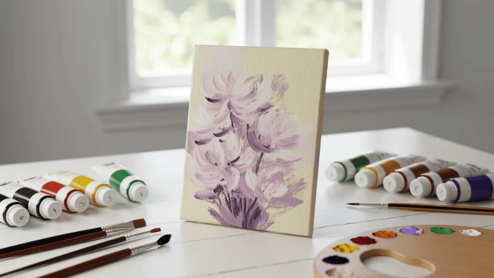Hand-painted small canvas on a table with paints, brushes, pencil, and palette nearby.