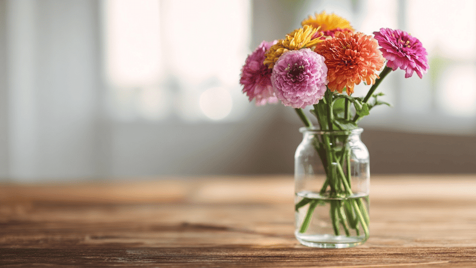 Simple bouquet with trimmed stems placed in water, clean and minimal arrangement