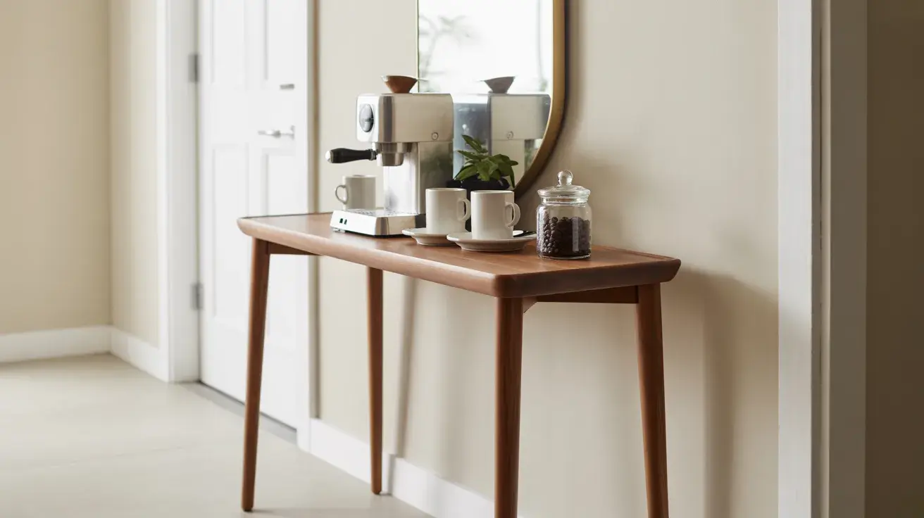 Simple hallway coffee setup with a wooden console table, espresso machine, cups, and a jar of coffee beans under a wall mirror