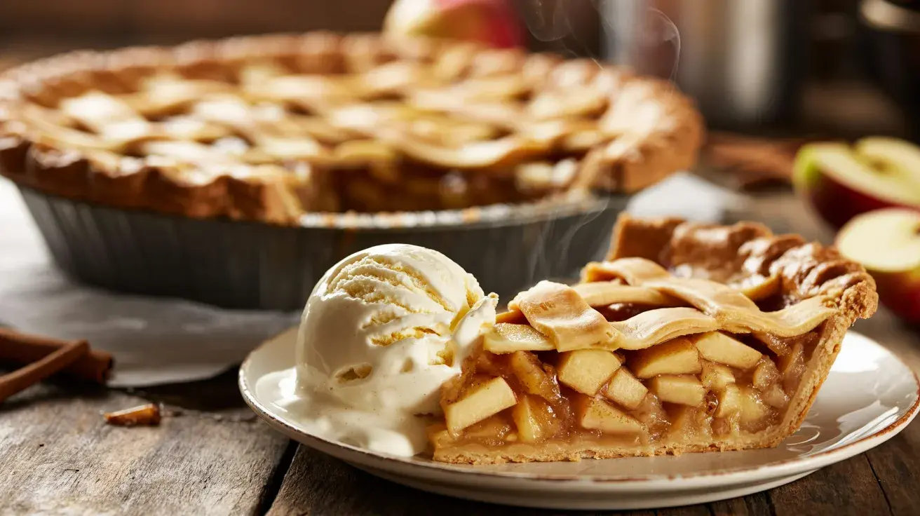 Slice of apple pie with a lattice crust served warm with a scoop of vanilla ice cream