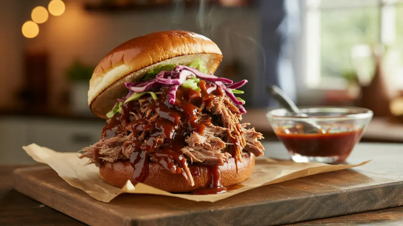 Slow-cooked pulled pork sandwich with BBQ sauce and slaw on a toasted bun