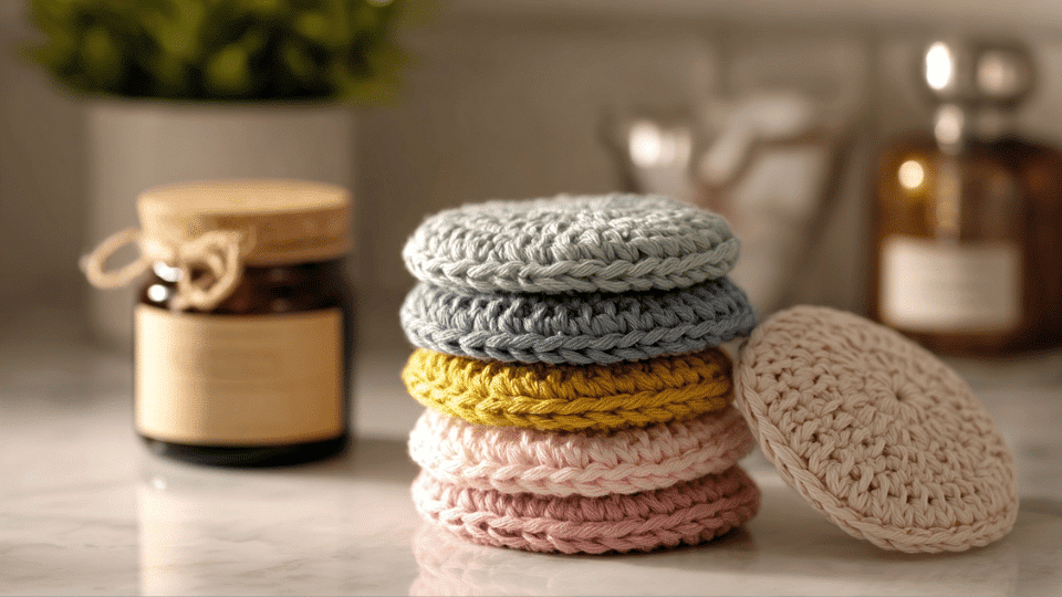 Stack of soft crochet facial pads displayed on a bathroom counter