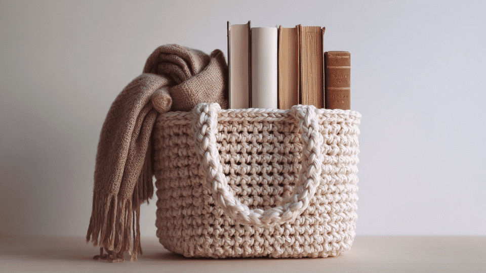 Crochet small tote bag filled with books and a scarf standing on a neutral surface