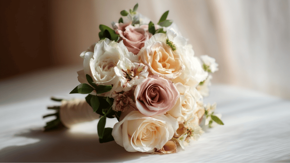 Small bridesmaid bouquet with soft flowers and simple ribbon wrap