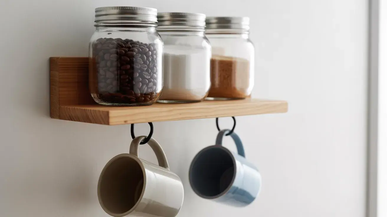 Small wooden wall shelf with jars of coffee, sugar, and spices above two hanging mugs