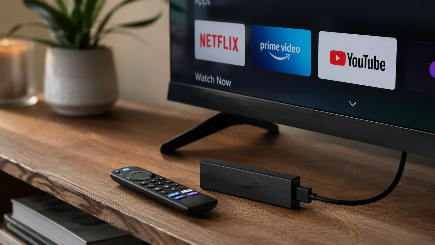 Smart TV displaying streaming apps with a Streaming Stick on a wooden surface.