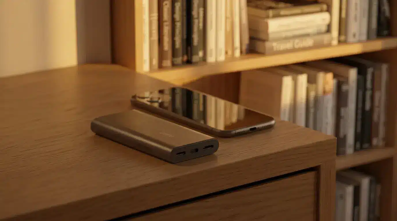 Smartphone and portable charger on a wooden table with books in the background.