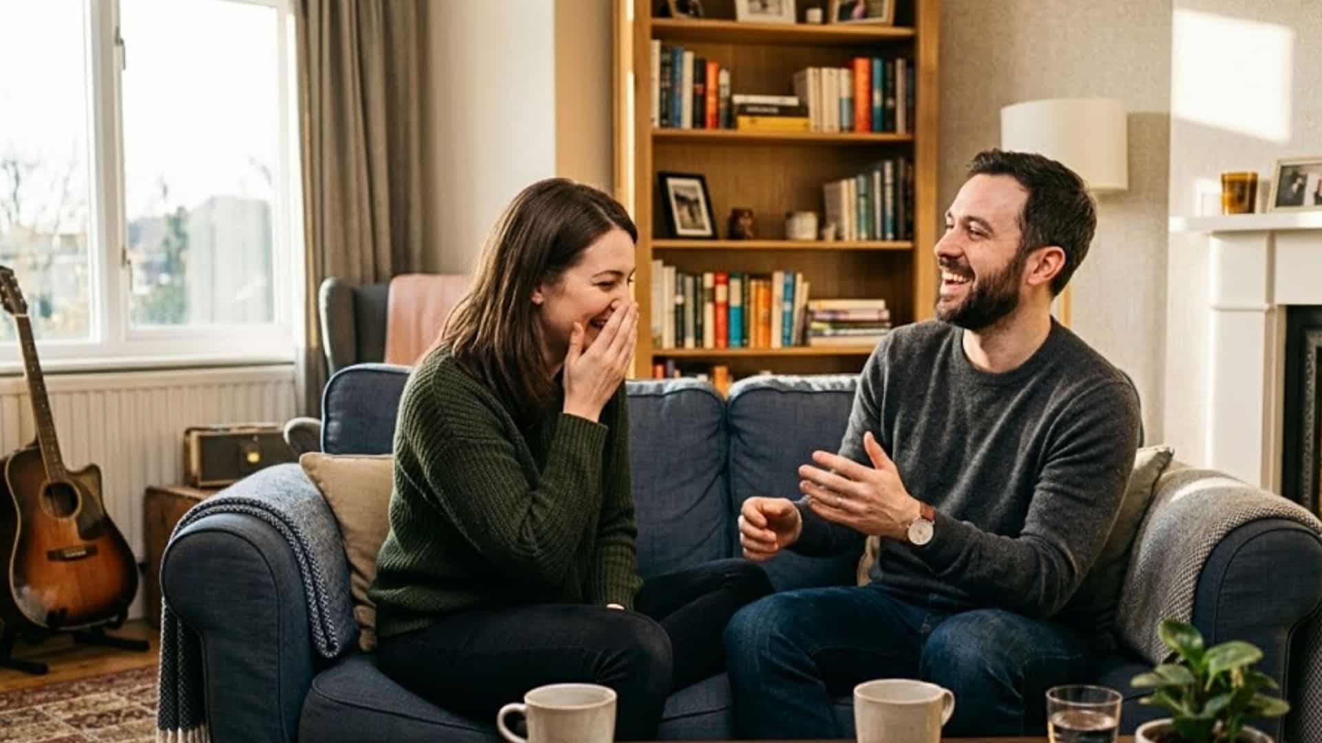 Smiling couple sitting together on a cozy couch and laughing together
