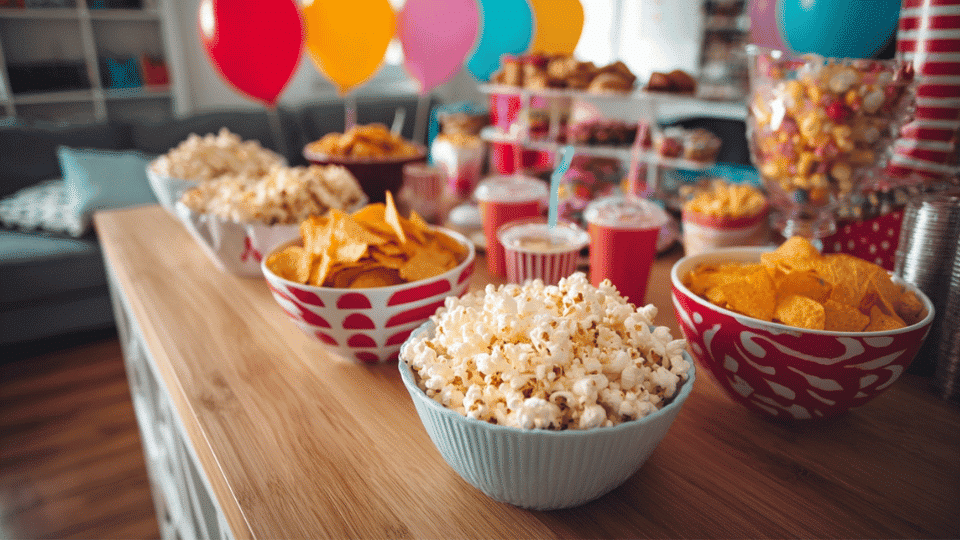 Snack table with popcorn and chips for kids birthday party with decorations