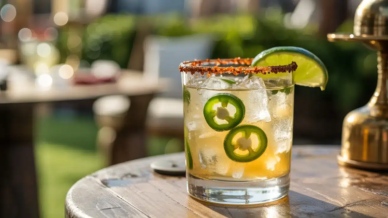 Spicy margarita cocktail with jalapeño slices and chili salt rim served over ice