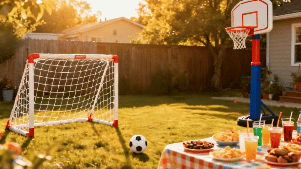 Sports themed birthday setup with games like soccer and basketball in backyard