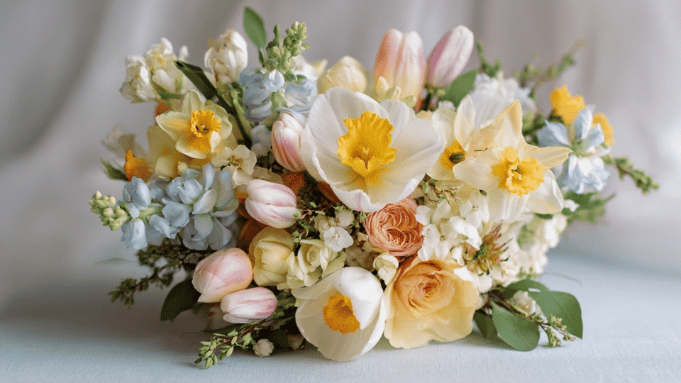 Spring bouquet with pastel flowers and light greenery in airy style