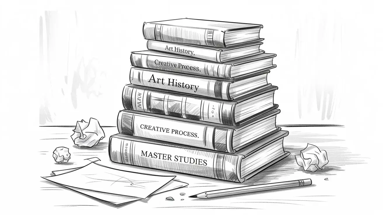 Stack of books labeled with “Art History,” “Creative Process,” and “Master Studies,” with scattered papers and a pencil nearby