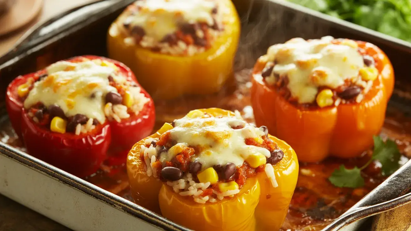 Stuffed bell peppers with rice, beans, corn, and melted cheese baked in a dish