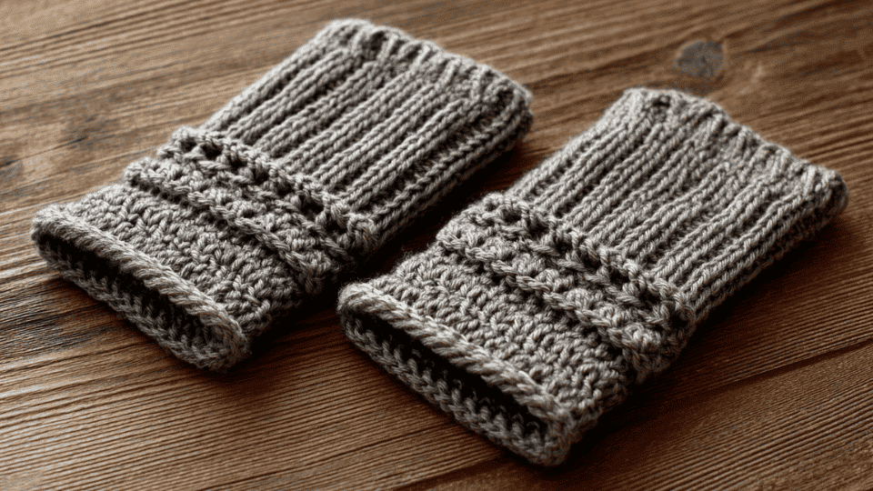 Pair of crochet wrist warmers with ribbed texture and lace edging on wooden surface
