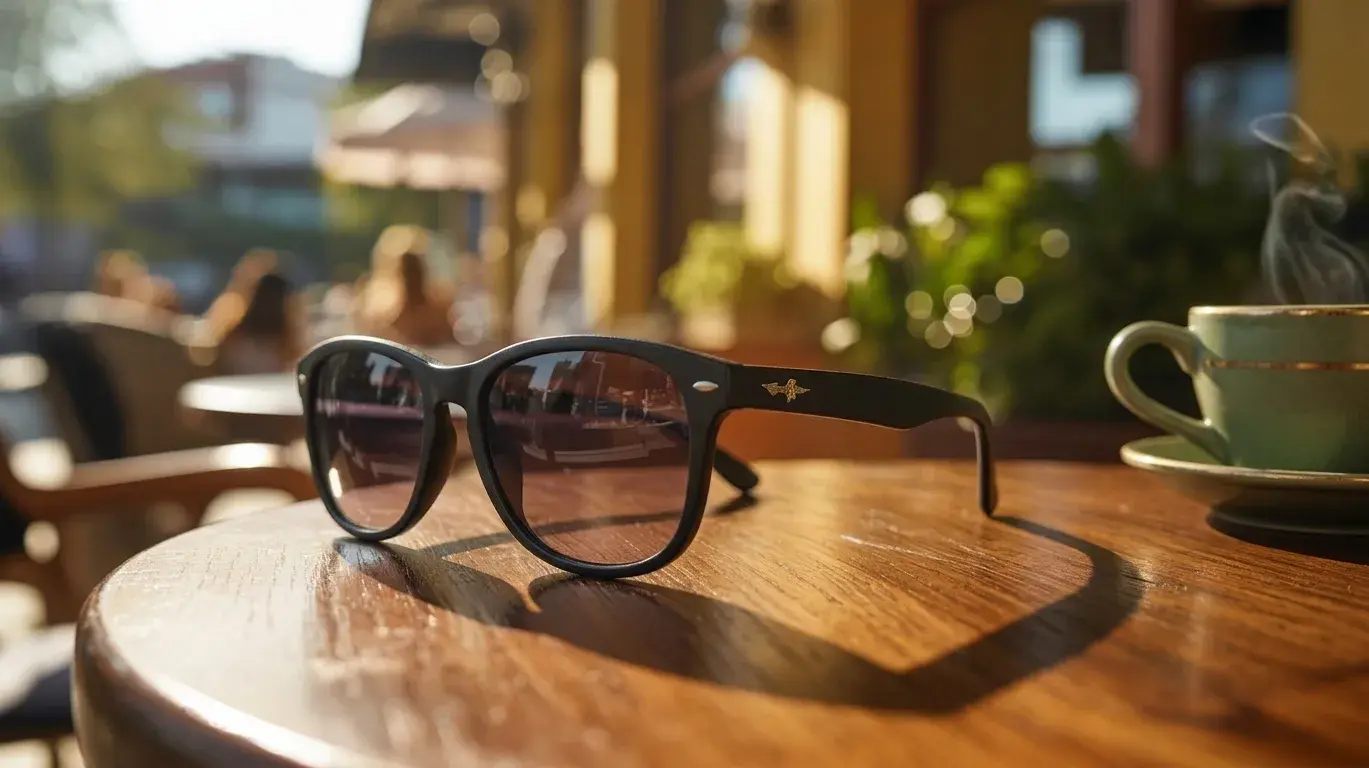 Stylish black sunglasses placed on a wooden table at a sunlit outdoor café with a coffee cup nearby.