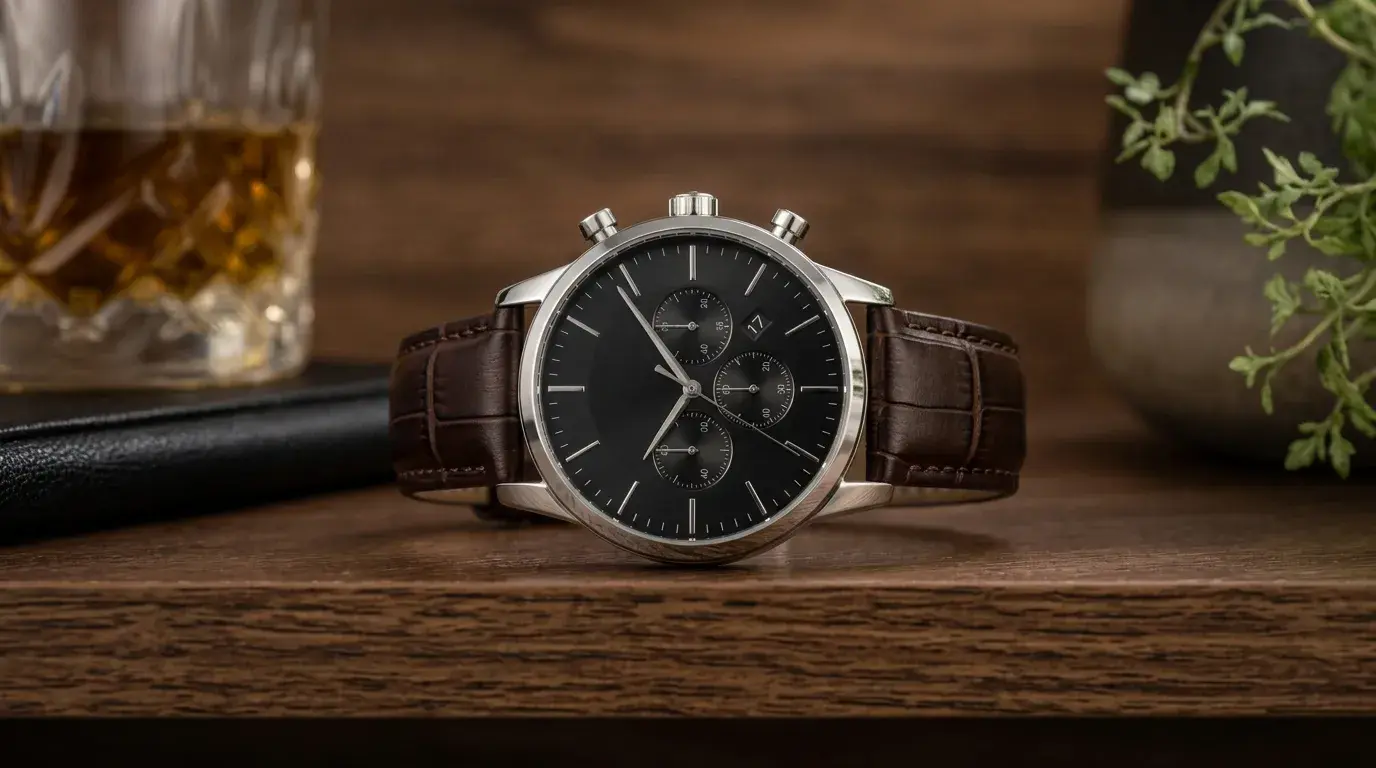 Stylish wristwatch with a brown leather strap placed on a wooden surface next to a glass and plant.