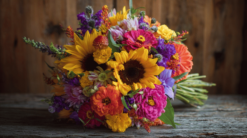 Summer bouquet with bright flowers and loose natural shape