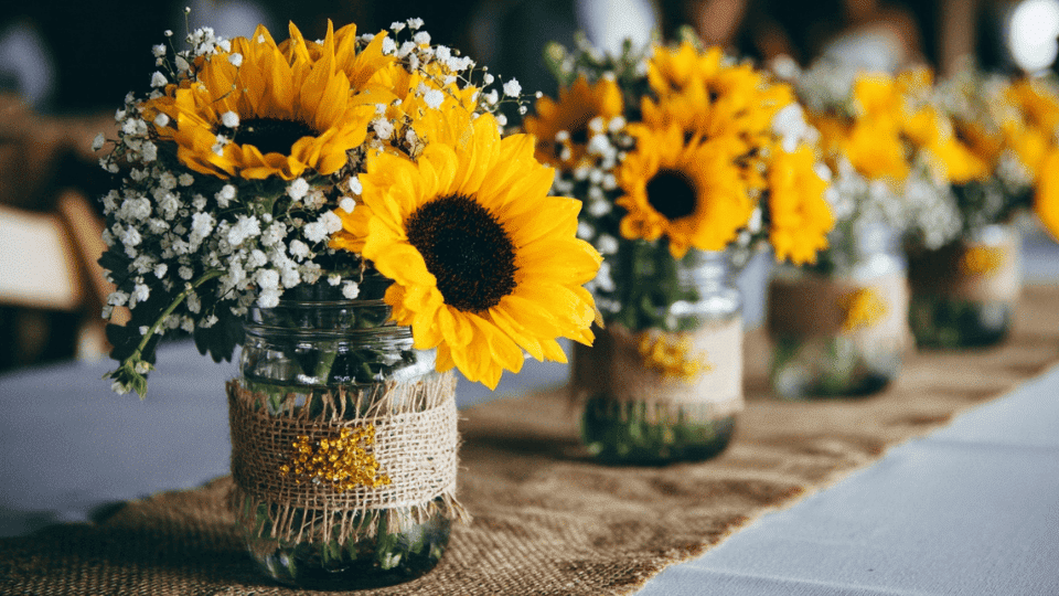 Sunflower centerpieces with baby's breath and greenery, wrapped in burlap ribbon for a rustic wedding look
