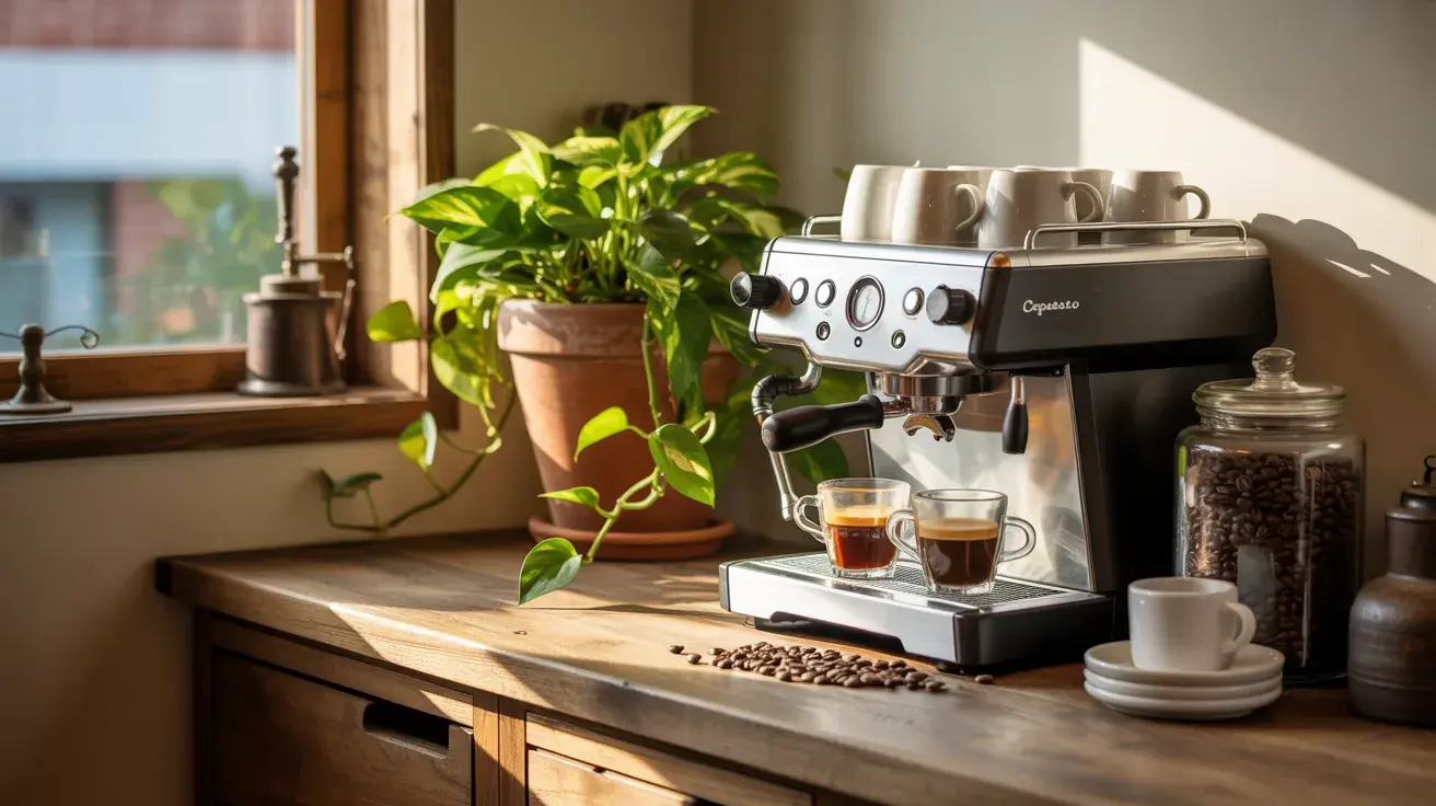 Sunlit coffee station with an espresso machine brewing two shots beside a potted plant and jars of beans on a wooden counter