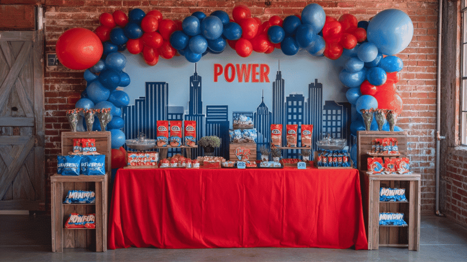 Superhero themed birthday setup with red and blue decorations and city backdrop