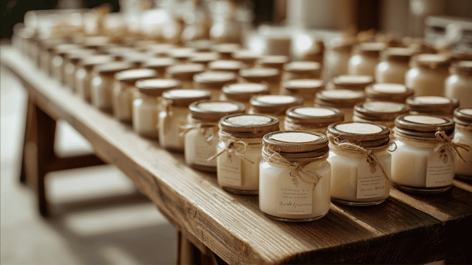 Table with handmade candle wedding favors neatly arranged
