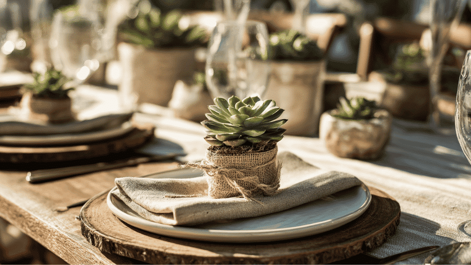 Table with mini plant wedding favors in small pots