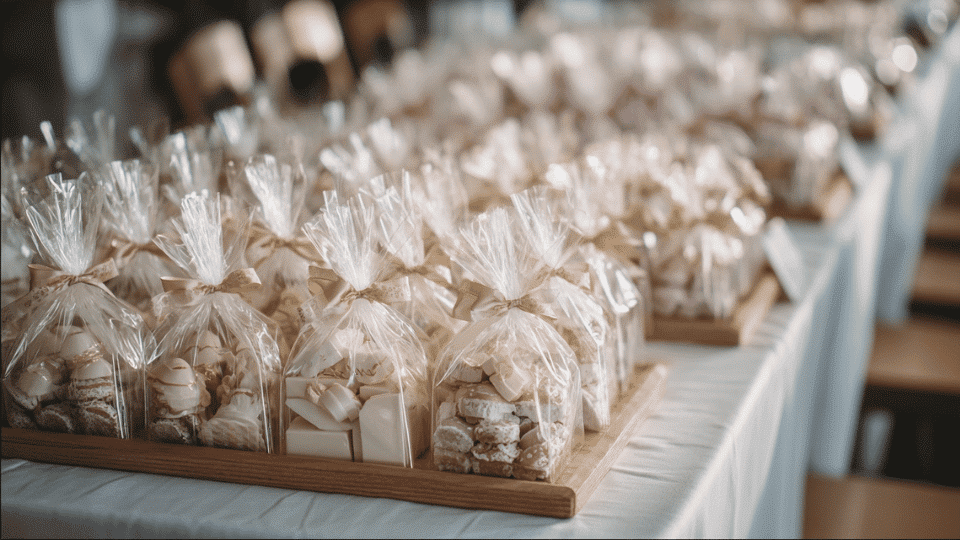 Table with packaged treat wedding favors arranged neatly