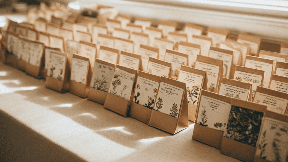 Table with seed packet wedding favors arranged neatly