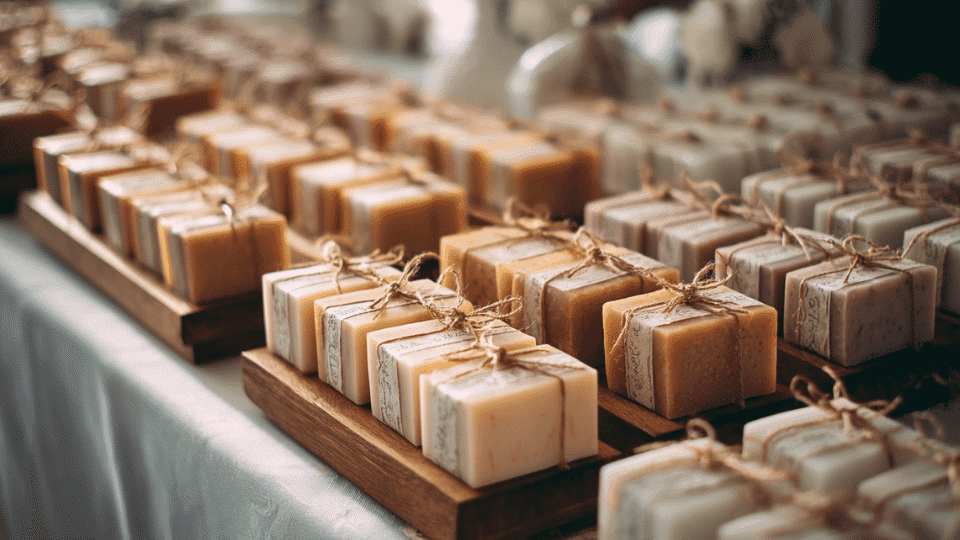 Table with soap or sachet wedding favors arranged on display
