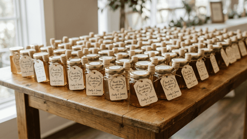 Table with wedding favors and personalized tags