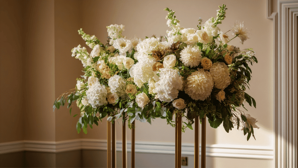 Tall ceremony flower arrangement with full blooms and greenery