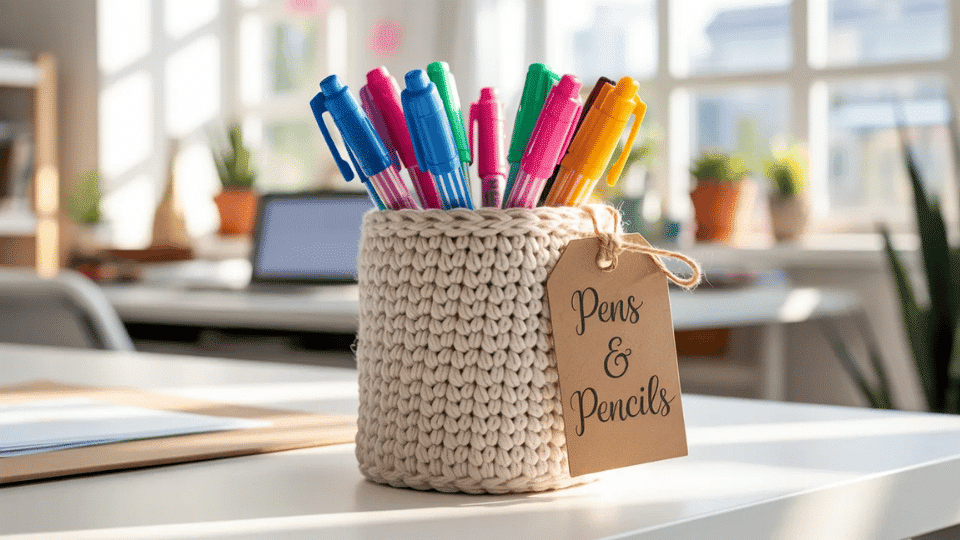 Crochet pen holder with colorful pens and a handwritten tag on a desk