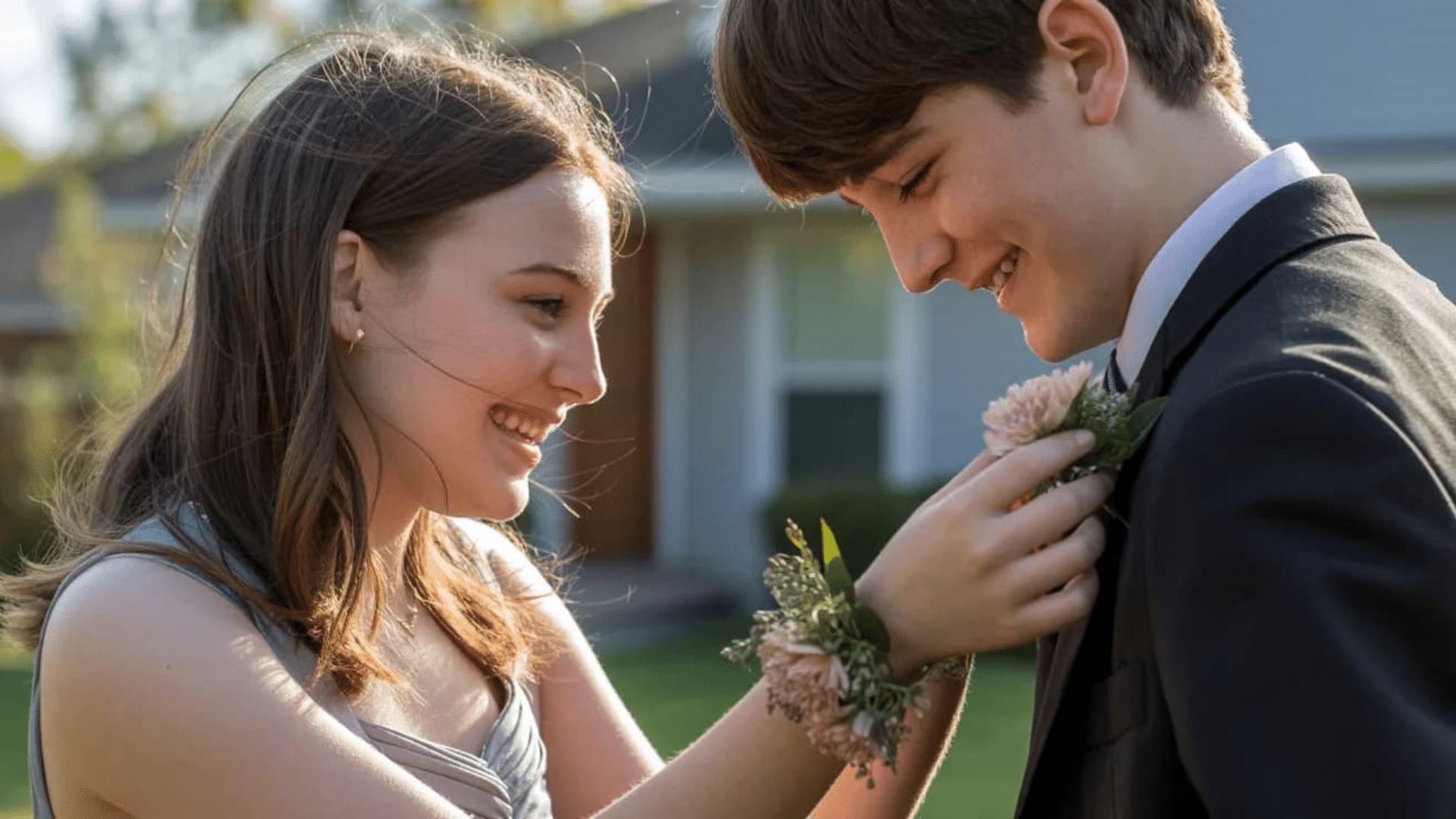 Teen girl wearing a wrist corsage pinning a matching boutonniere on her date’s suit, both smiling outdoors before prom.