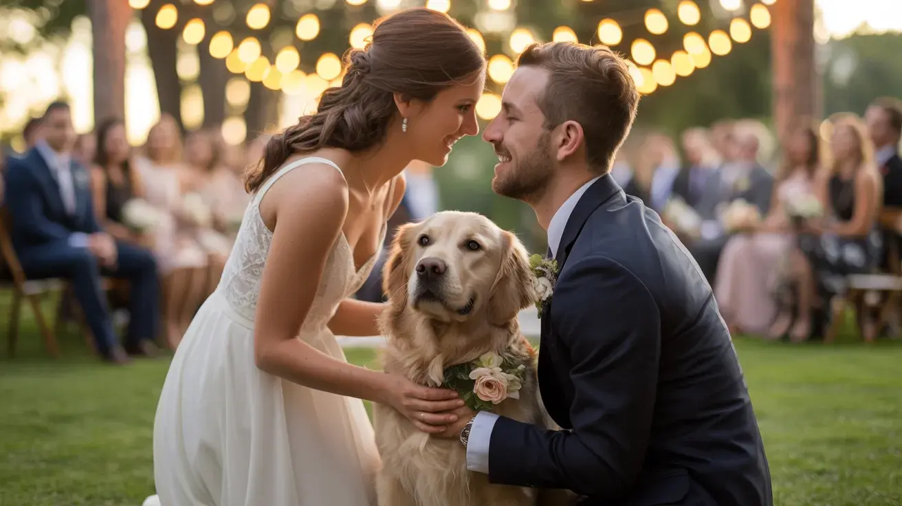 Tender wedding ceremony moment with their pet nearby, adding a personal and heartfelt touch