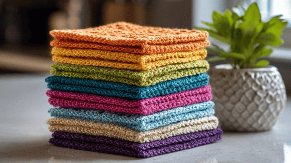 Set of colorful textured crochet dishcloths neatly stacked on a kitchen counter