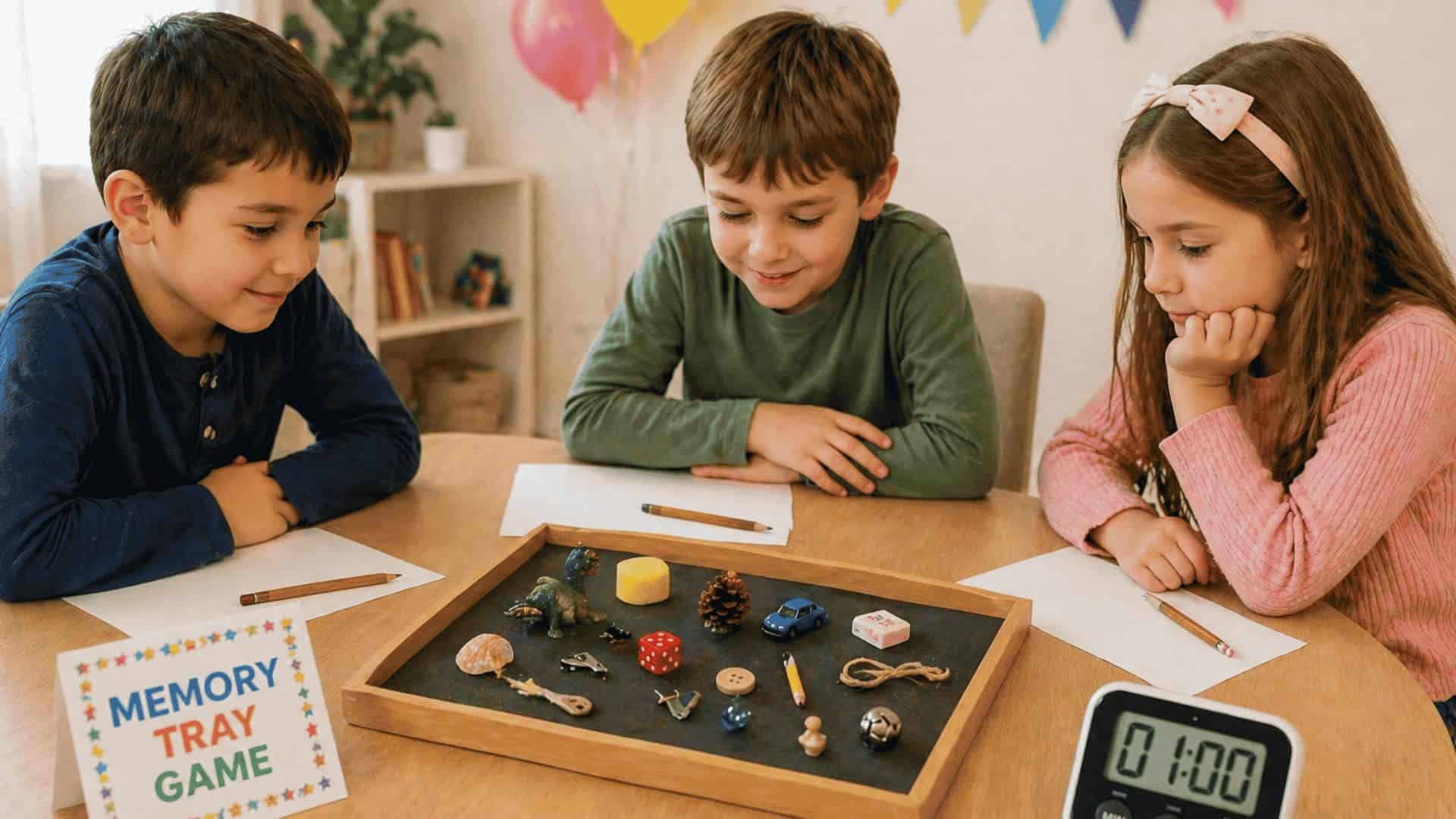 Three children studying objects on a memory tray game with timer at indoor party.