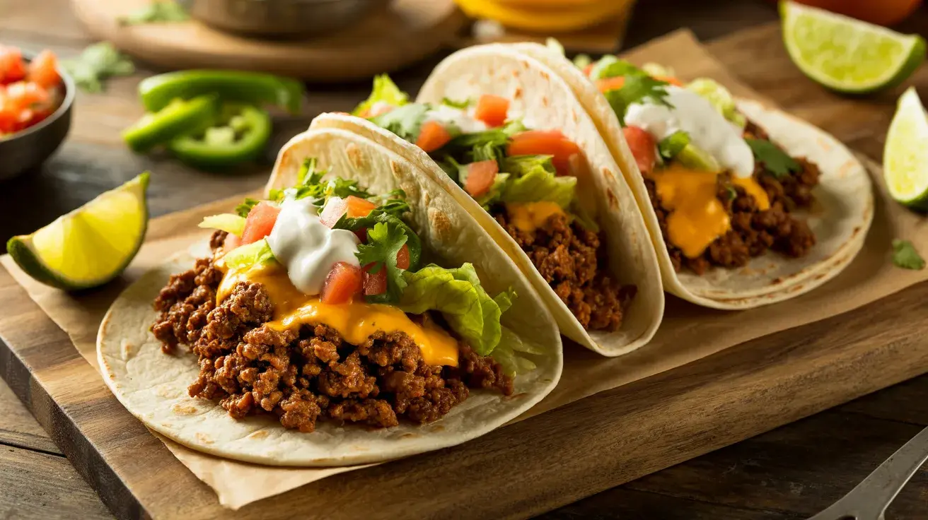 Three soft beef tacos filled with seasoned meat, cheese, lettuce, tomatoes, and a dollop of sour cream on a wooden board