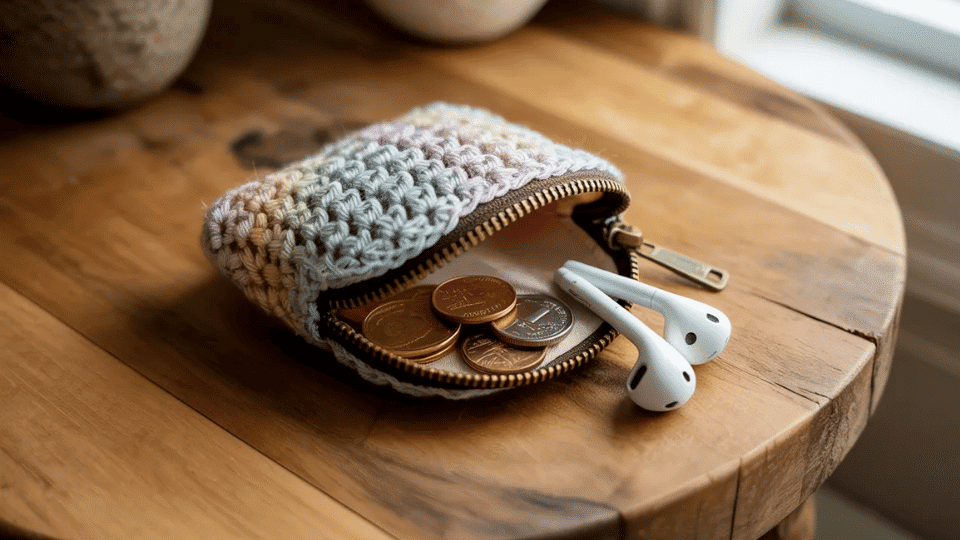 Tiny crochet coin purse with zipper holding small essentials on a table
