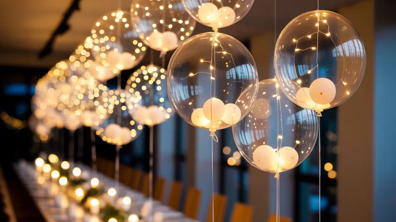 Transparent balloons with warm string lights inside, creating a soft, elegant DIY birthday table decoration