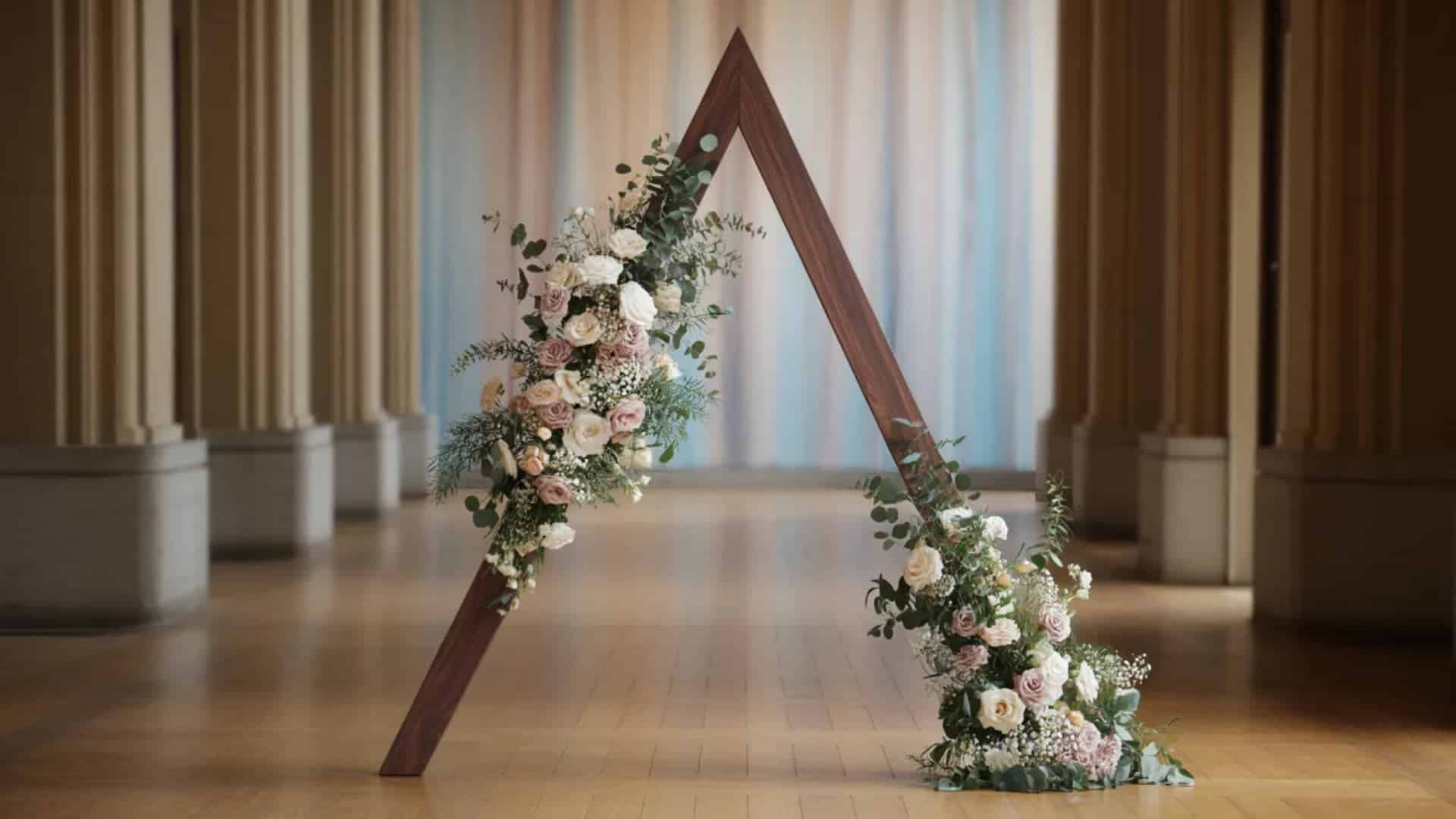 Triangular wooden wedding arch with soft flowers in a grand indoor hall setting.