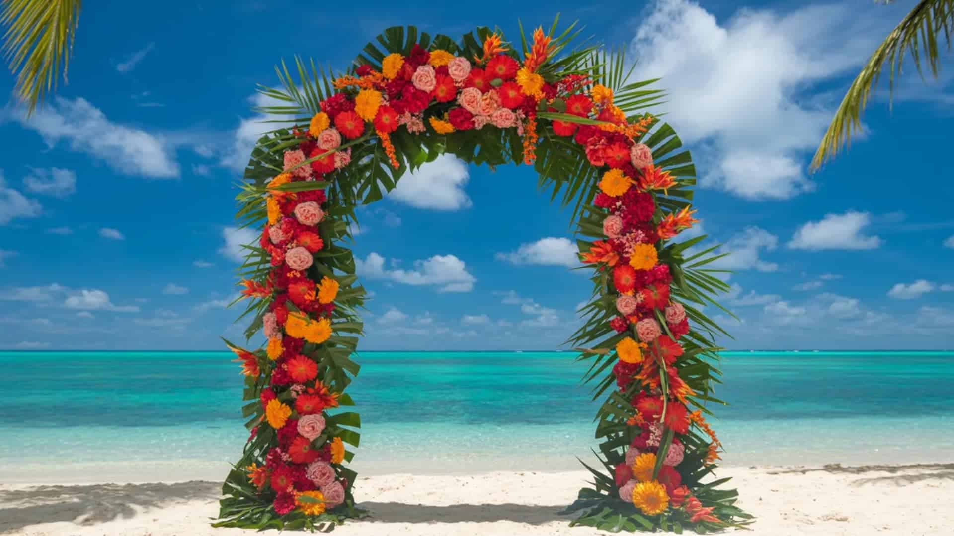 Tropical beach wedding arch with bold flowers and palms by turquoise water.